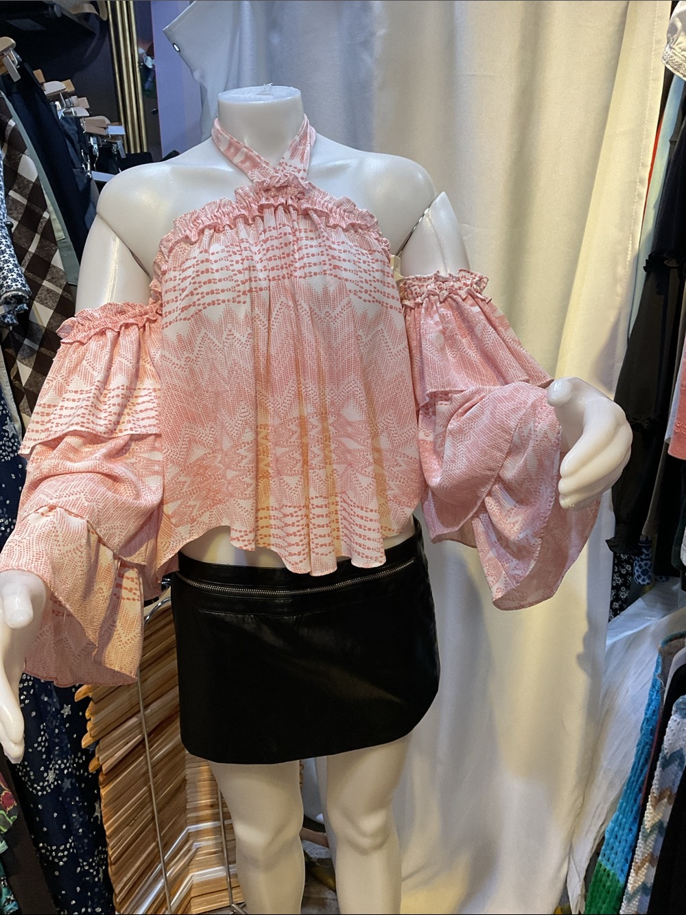 Misa Los Angeles Pink Patterned Off-Shoulder Halter Blouse